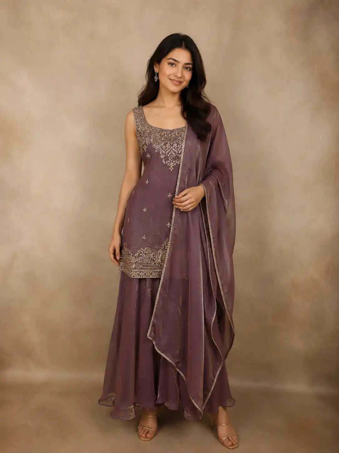 Deep Antique Mauve Sequins and Beads Embroidered Design Organza Palazzo Suit with Dupatta