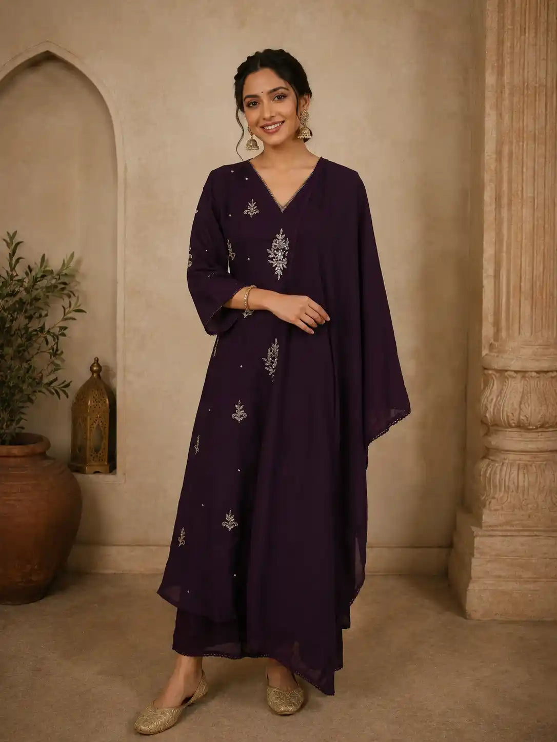 Deep Aubergine Purple Floral Thread Embroidered Design Georgette Salwar Suit with Dupatta