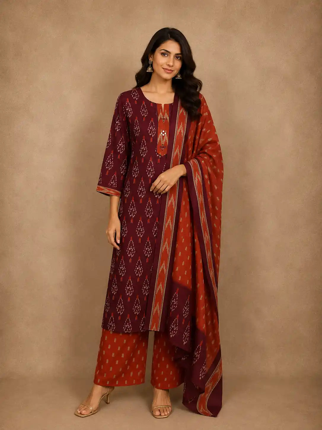 Deep Berry Wine Ikat Printed Design Cotton Salwar Suit with Dupatta