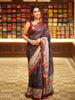 Deep Black Checked Printed Design Tussar Silk Saree with Contrast Peacock Border