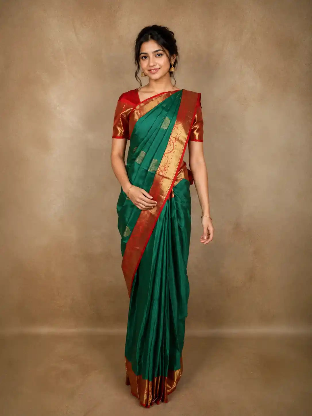 Deep Bottle Green Floral Butta Zari Woven Design Pure Kanchipuram Silk Saree with Contrast Zari Border