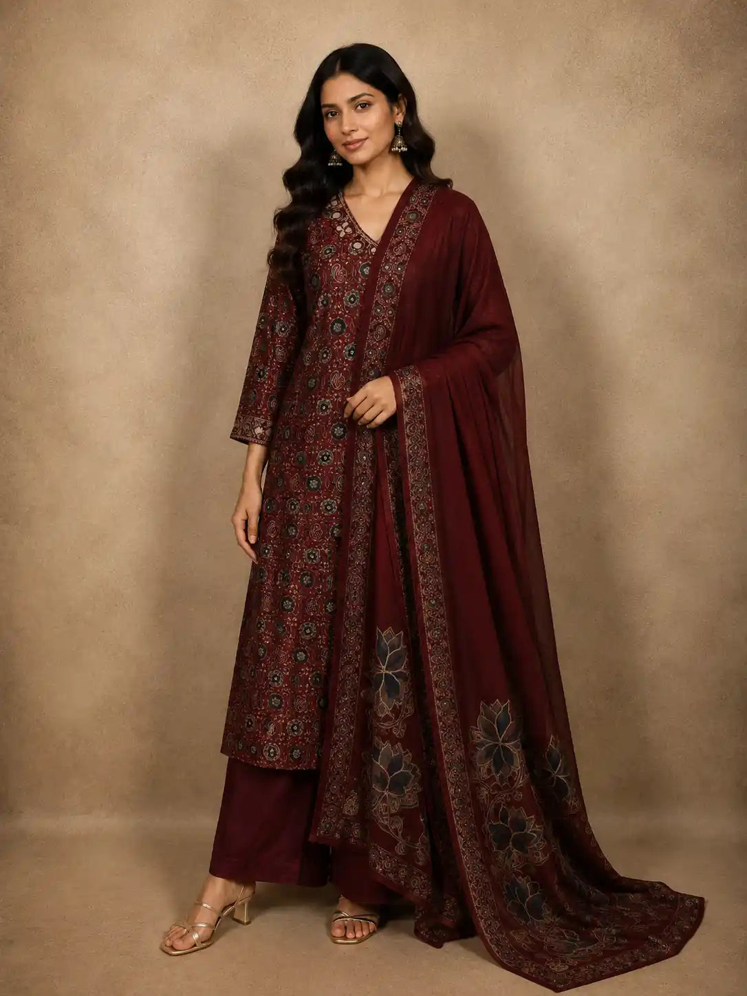 Deep Brick Maroon Floral Printed Design Cotton Salwar Suit with Dupatta