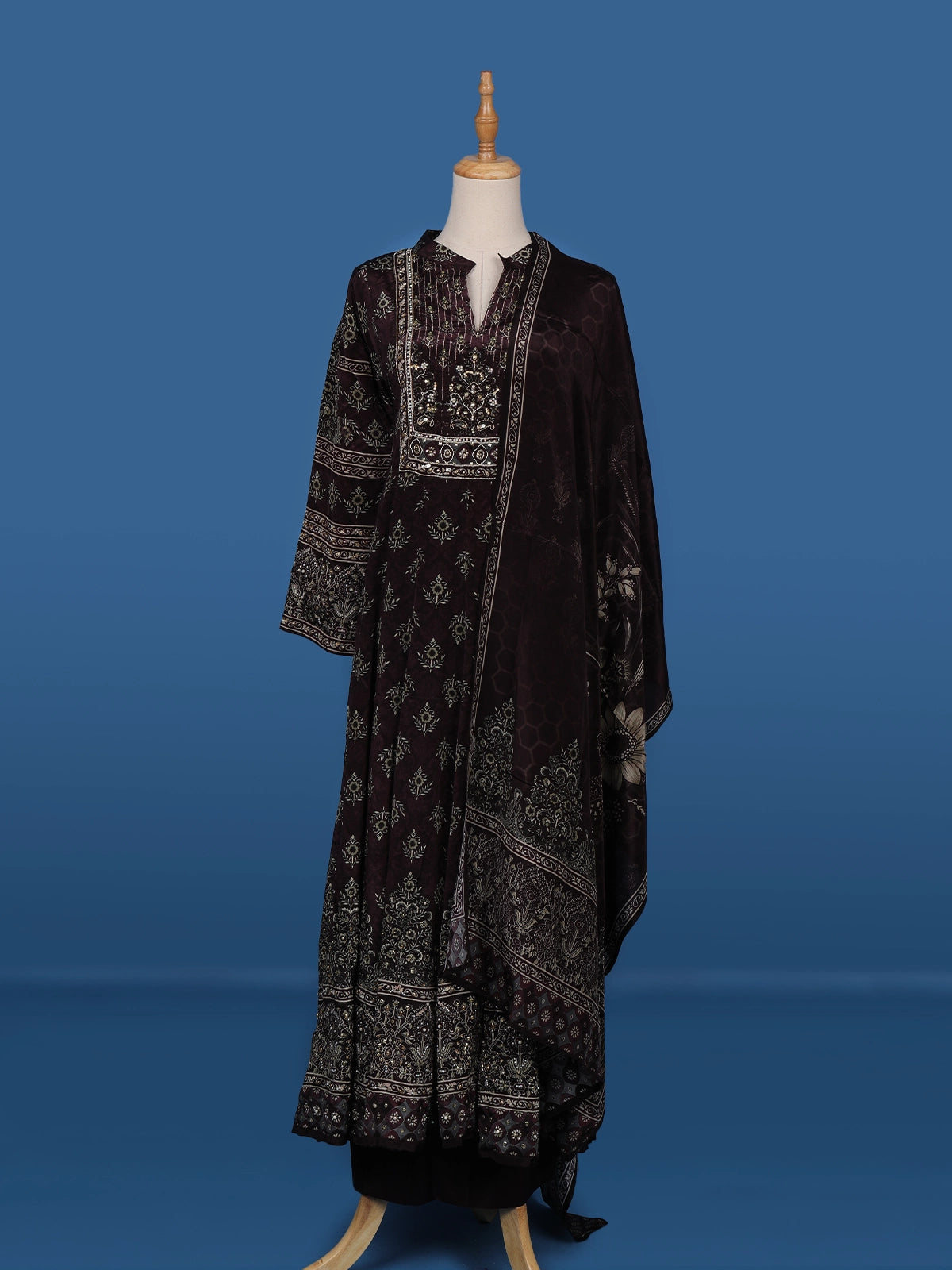 Deep Brown Floral Printed Semi Silk Salwar Suit - Diadem