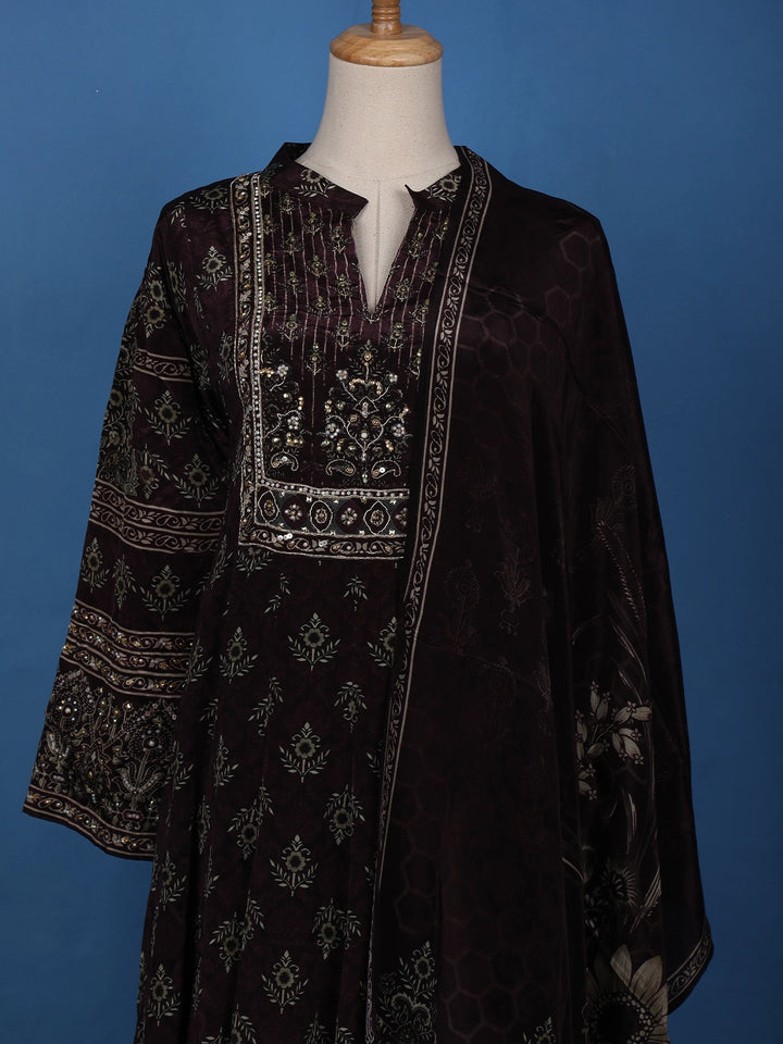 Deep Brown Floral Printed Semi Silk Salwar Suit - Diadem