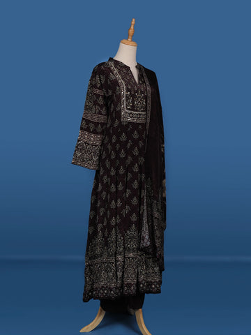 Deep Brown Floral Printed Semi Silk Salwar Suit - Diadem