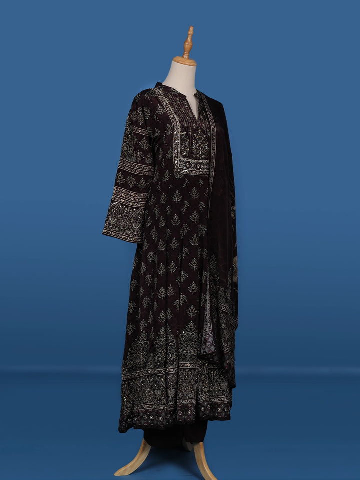 Deep Brown Floral Printed Semi Silk Salwar Suit - Diadem