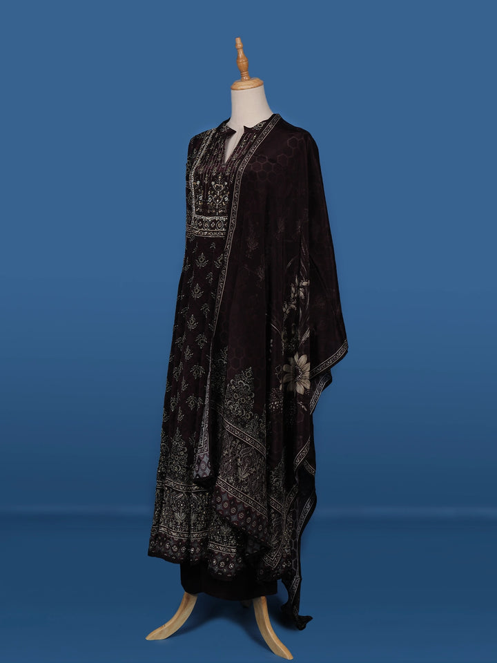 Deep Brown Floral Printed Semi Silk Salwar Suit - Diadem