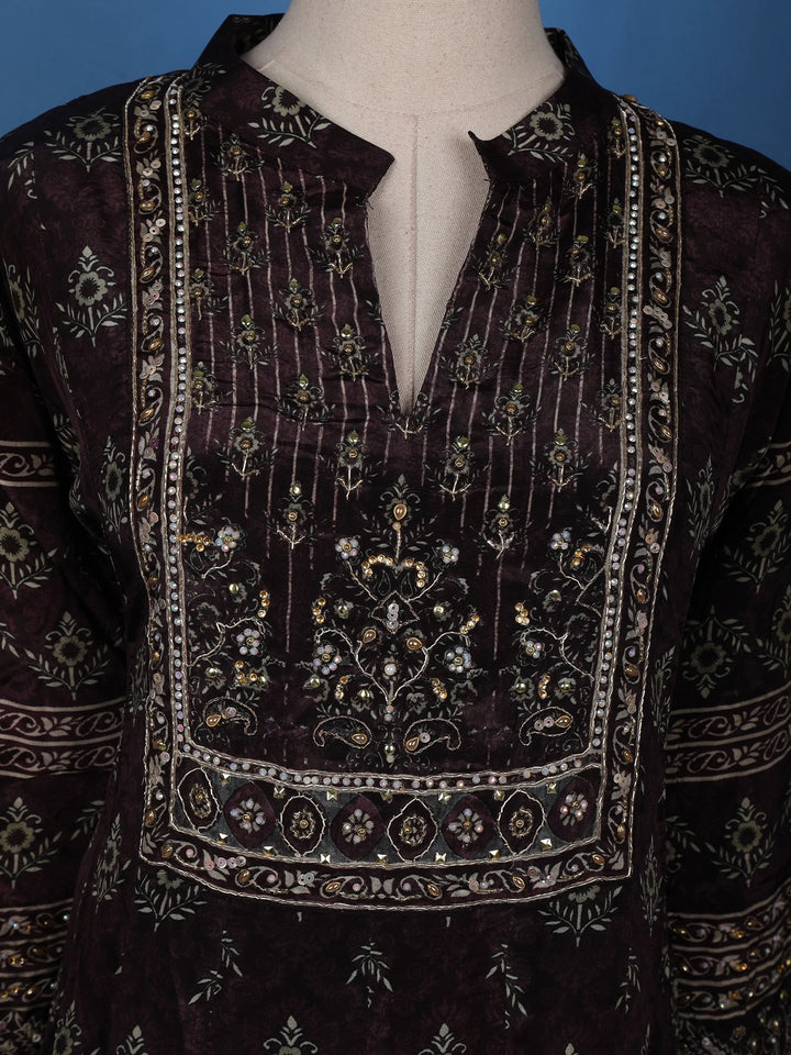 Deep Brown Floral Printed Semi Silk Salwar Suit - Diadem