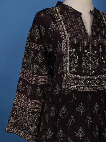 Deep Brown Floral Printed Semi Silk Salwar Suit - Diadem