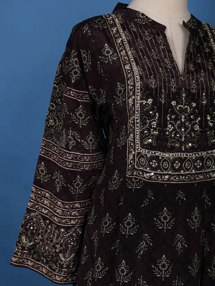 Deep Brown Floral Printed Semi Silk Salwar Suit - Diadem