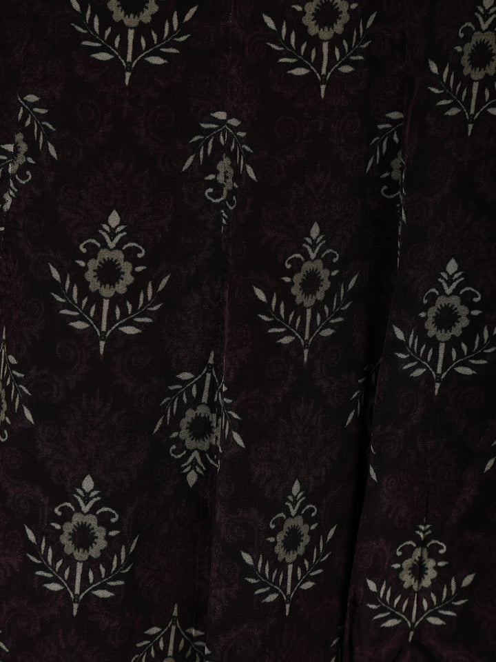 Deep Brown Floral Printed Semi Silk Salwar Suit - Diadem