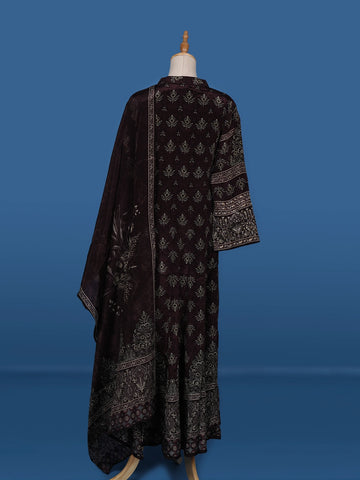 Deep Brown Floral Printed Semi Silk Salwar Suit - Diadem
