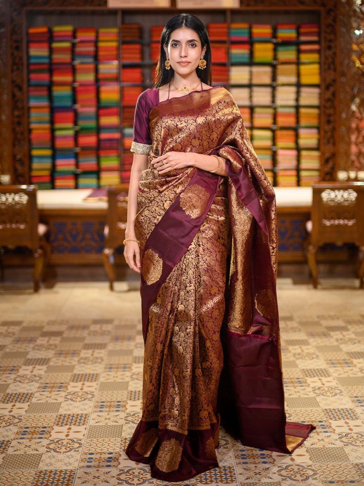 Deep Wine Floral Zari Woven Design Pure Kanchipuram Silk Saree with Butta Zari Border