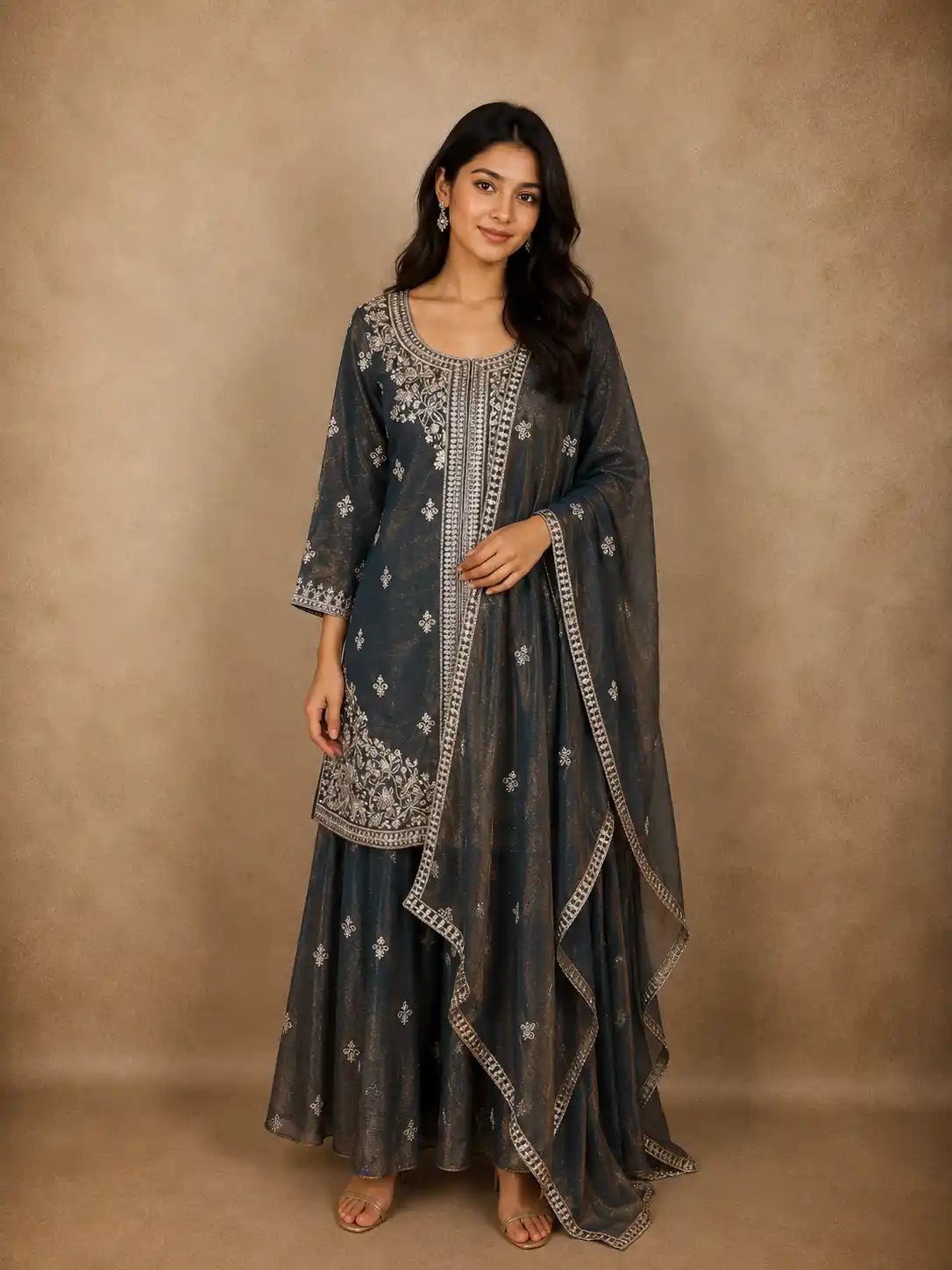 Deep Charcoal Grey Floral Zari Embroidered Design Organza Palazzo Suit with Dupatta