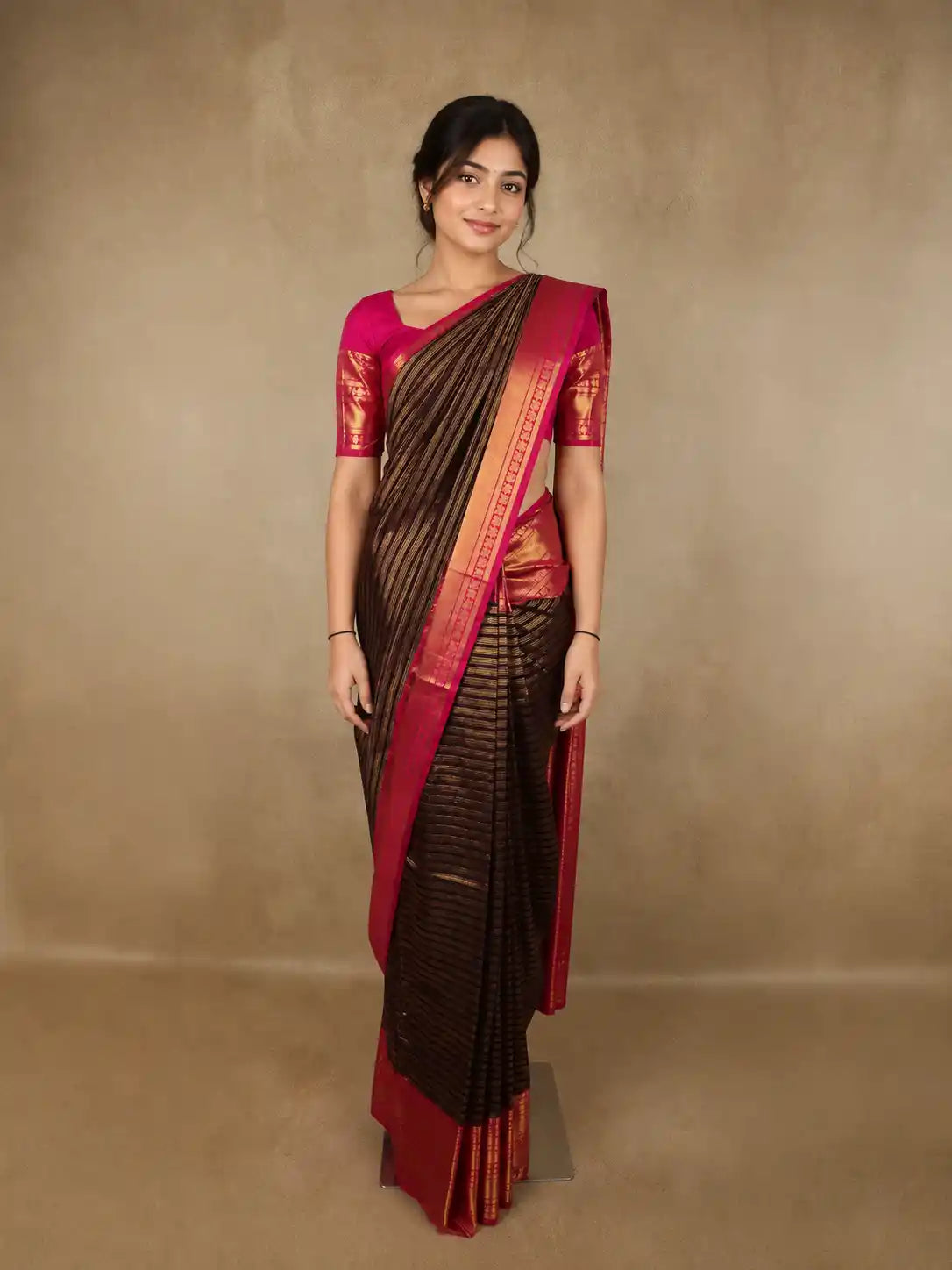 Deep Chocolate Brown Striped Woven Design Pure Kanchipuram Silk Saree with Contrast Zari Border