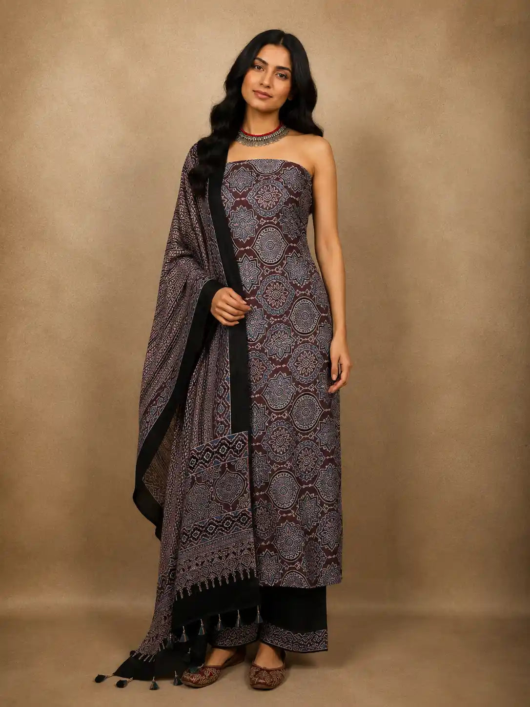 Deep Cocoa Brown Traditional Ajrakh Printed Design Cotton Unstitched Salwar Material