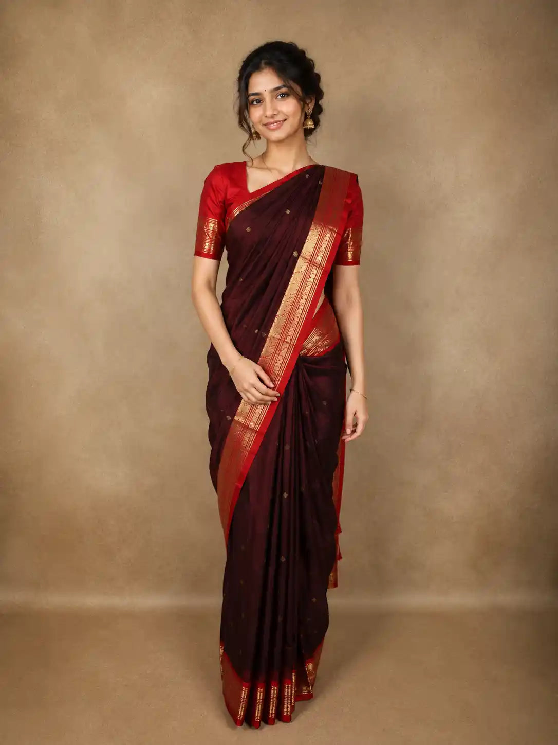Deep Coffee Brown Butta Zari Woven Design Pure Kanchipuram Silk Saree with Contrast Zari Border