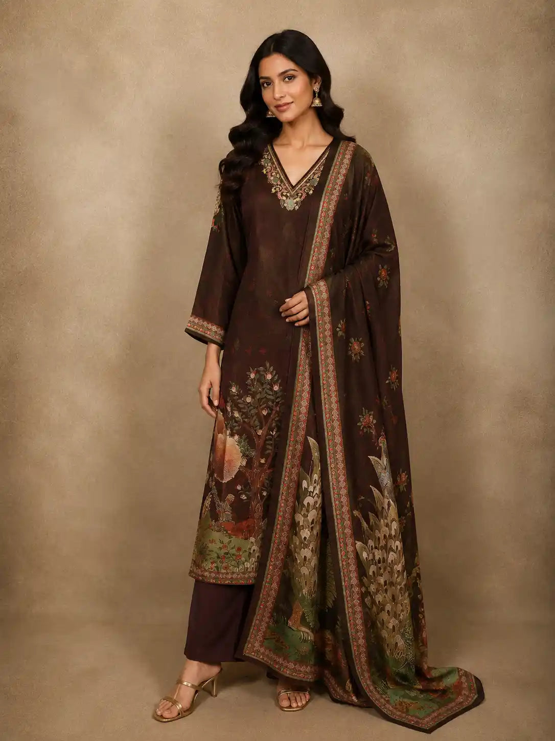 Deep Coffee Brown Floral Thread Embroidered Design Tissue Silk Salwar Suit
