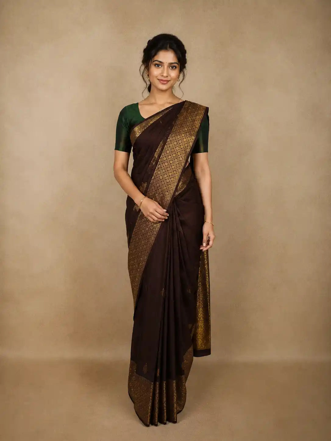 Deep Coffee Brown Geometric Zari Woven Design Pure Kanchipuram Silk Saree