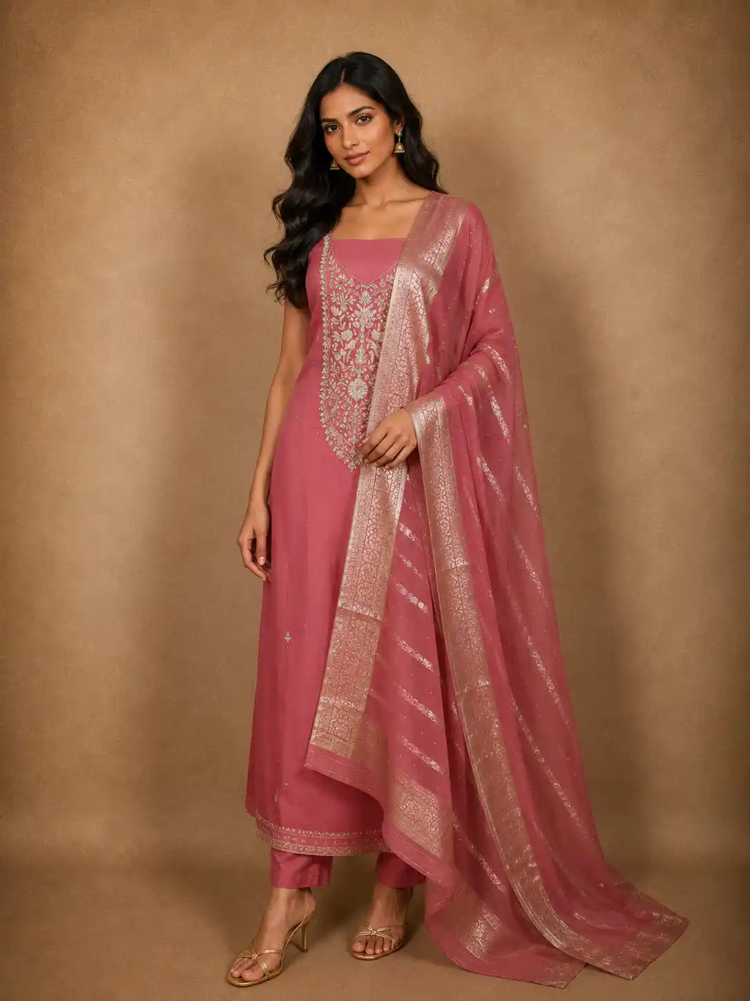 Deep Coral Pink Floral Sequins Embroidered Design Tissue Unstitched Salwar Material with Dupatta