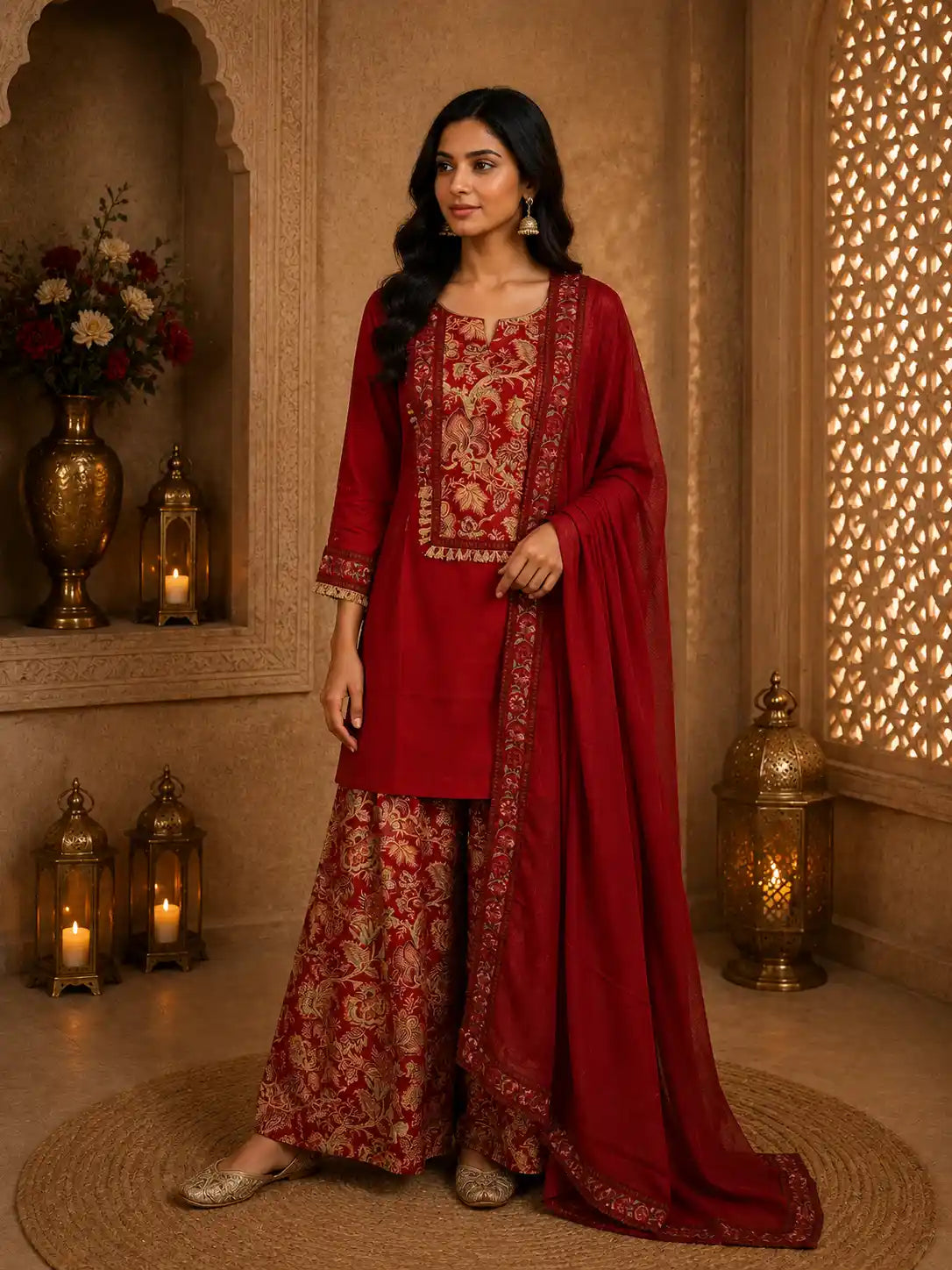 Deep Crimson Red Floral Printed Design Cotton Straight Cut Salwar Suit with Dupatta