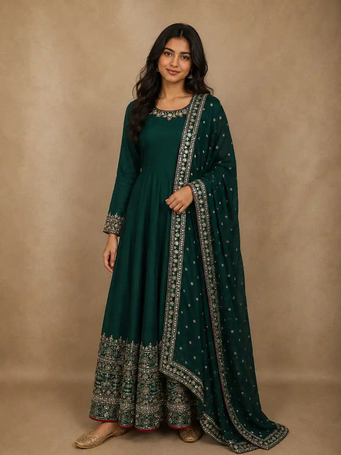 Deep Emerald Green Floral Sequins and Zari Embroidered Design Semi Silk Anarkali Salwar Suit