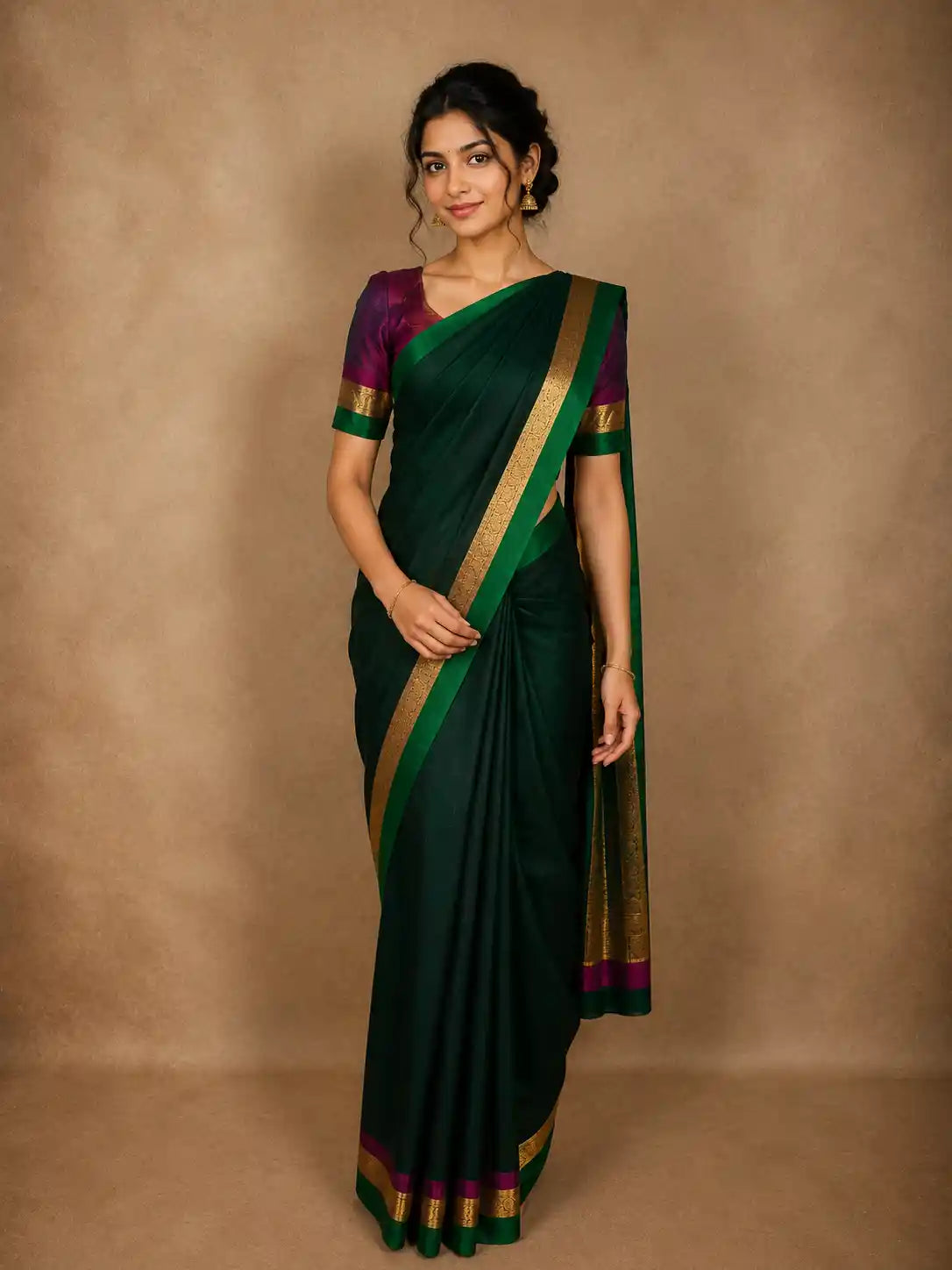 Deep Emerald Green Striped Zari Woven Design Kanchipuram Silk Saree with Zari Border