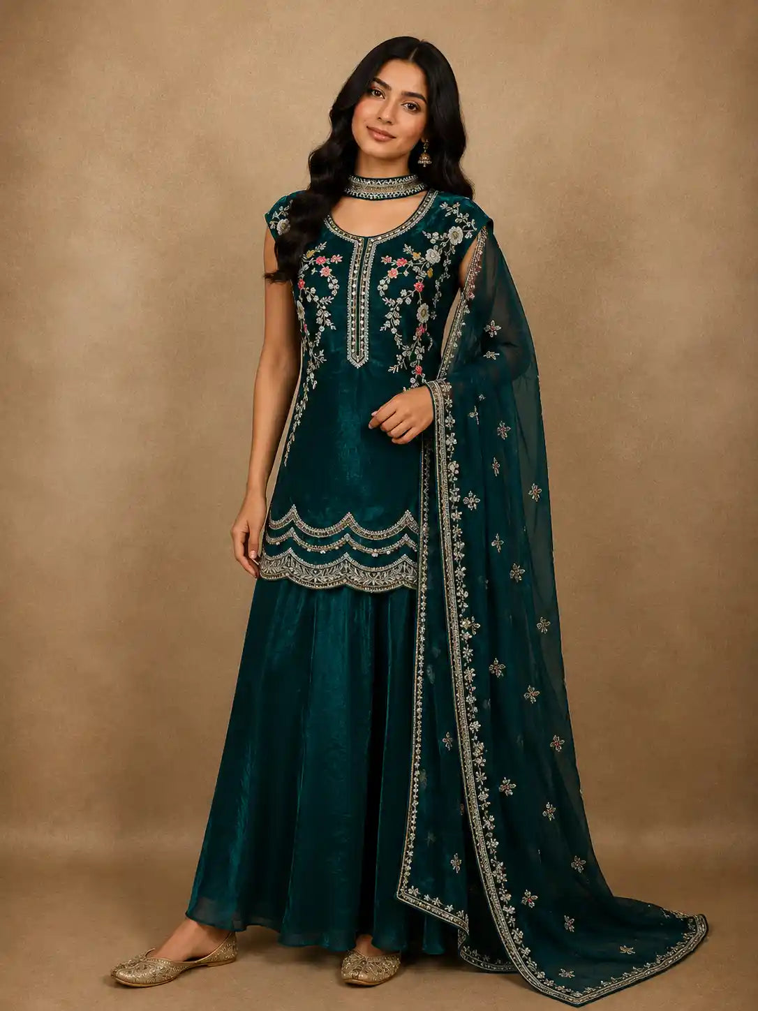 Deep Emerald Teal Green Floral Sequins and Beads Embroidered Design Organza Palazzo Suit with Dupatta