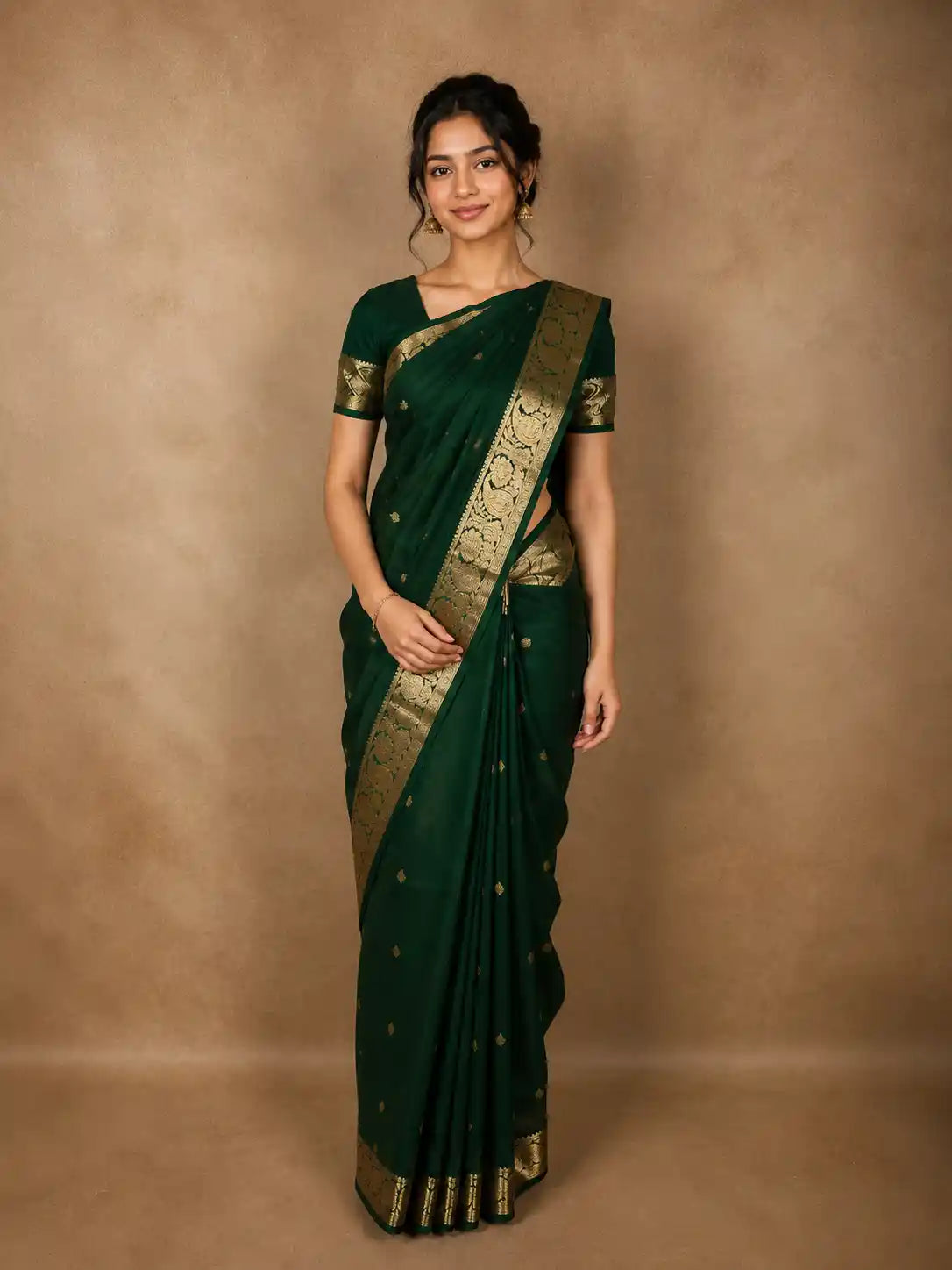 Deep Forest Green Butta Woven Design Pure Kanchipuram Silk Saree with Paisley Zari Border