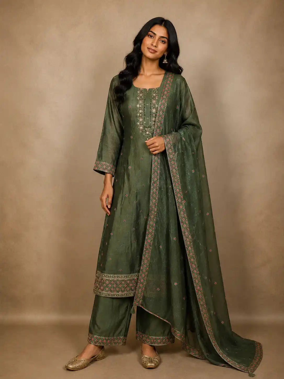 Deep Forest Green Floral Butta Design Silk Anarkali Salwar Suit