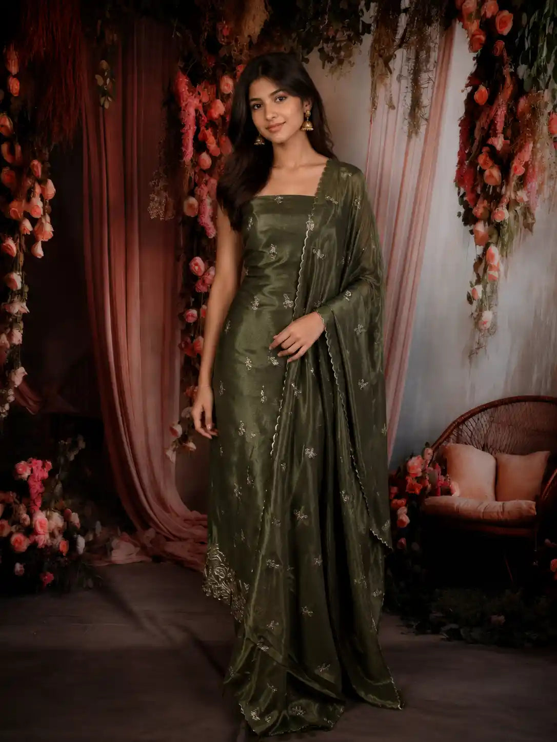 Deep Forest Green Floral Zari Embroidered Design Tissue Unstitched Salwar Material with Dupatta