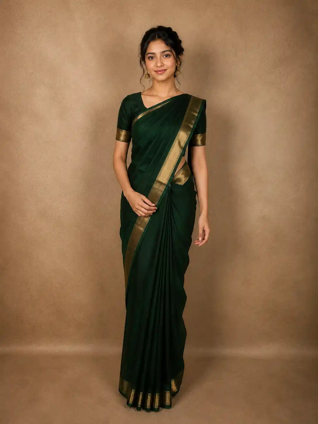 Deep Forest Green Solid Woven Design Pure Kanchipuram Silk Saree with Zari Border