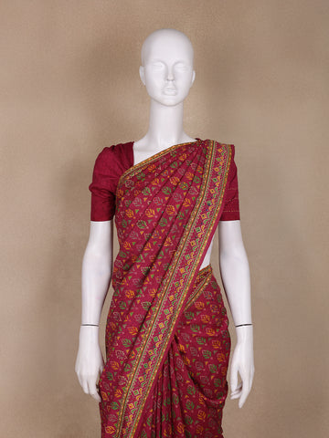 Deep Magenta Floral Designed Chanderi Cotton Saree - Diadem