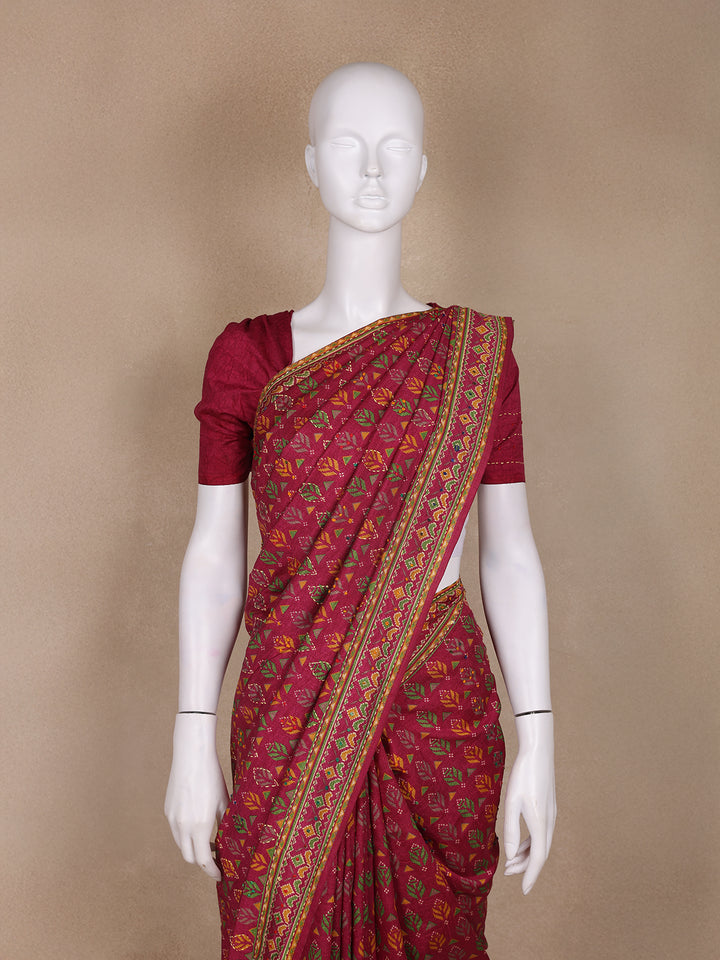 Deep Magenta Floral Designed Chanderi Cotton Saree - Diadem