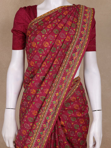 Deep Magenta Floral Designed Chanderi Cotton Saree - Diadem