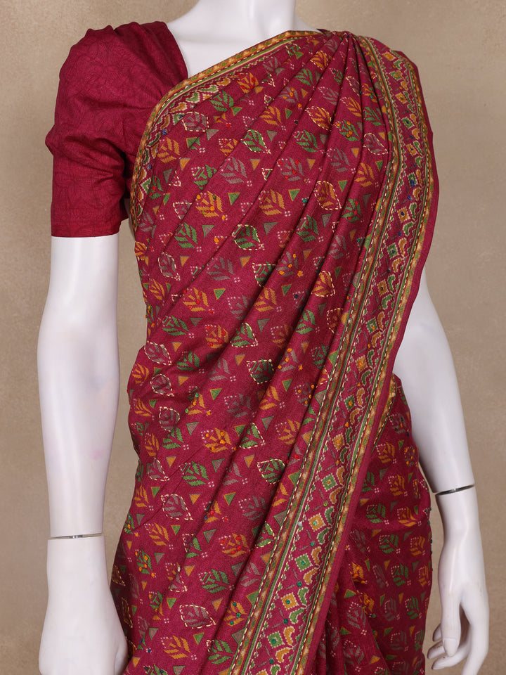 Deep Magenta Floral Designed Chanderi Cotton Saree - Diadem