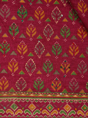 Deep Magenta Floral Designed Chanderi Cotton Saree - Diadem