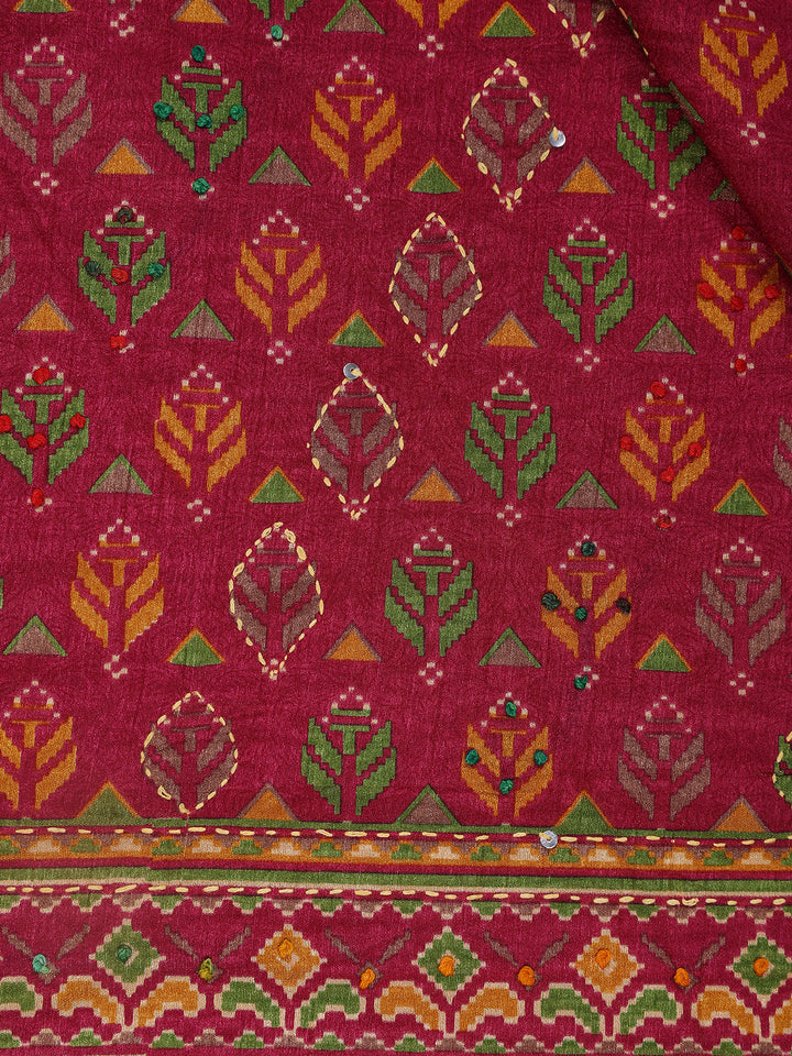 Deep Magenta Floral Designed Chanderi Cotton Saree - Diadem