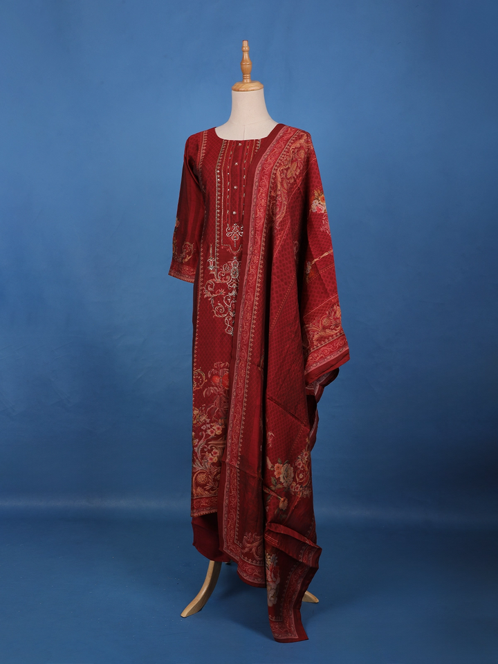 Deep Maroon Floral Printed Rayon Salwar Suit - Diadem