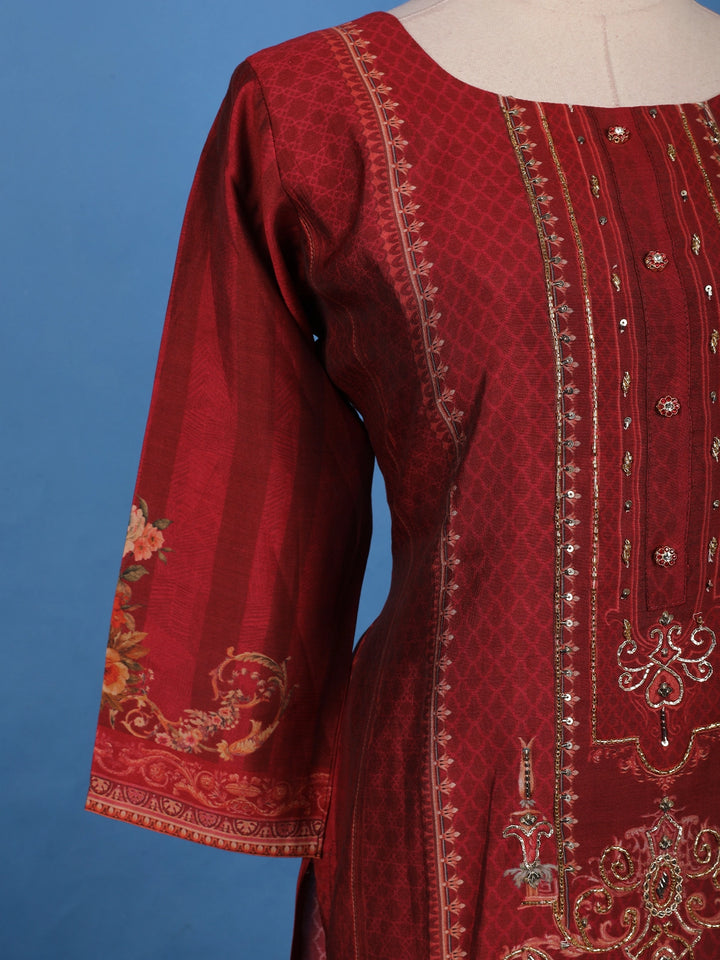 Deep Maroon Floral Printed Rayon Salwar Suit - Diadem