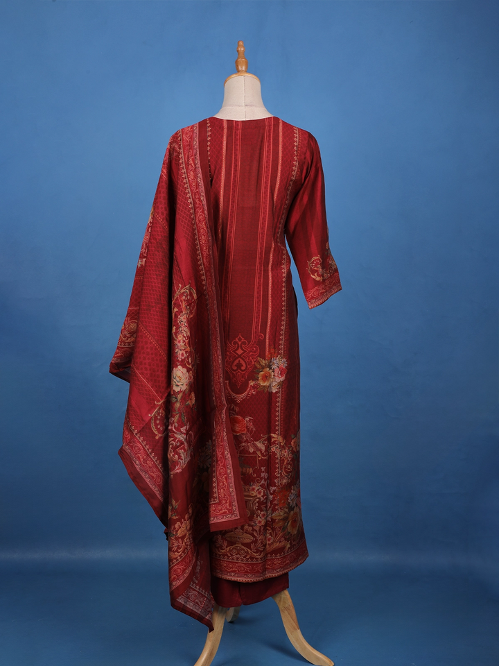 Deep Maroon Floral Printed Rayon Salwar Suit - Diadem