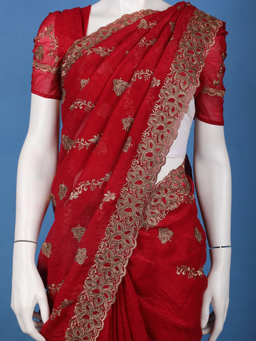 Deep Maroon Floral Embroidered Chiffon Saree - Diadem