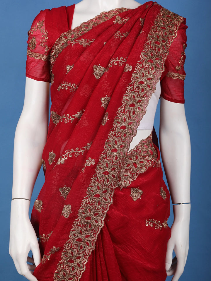 Deep Maroon Floral Embroidered Chiffon Saree - Diadem