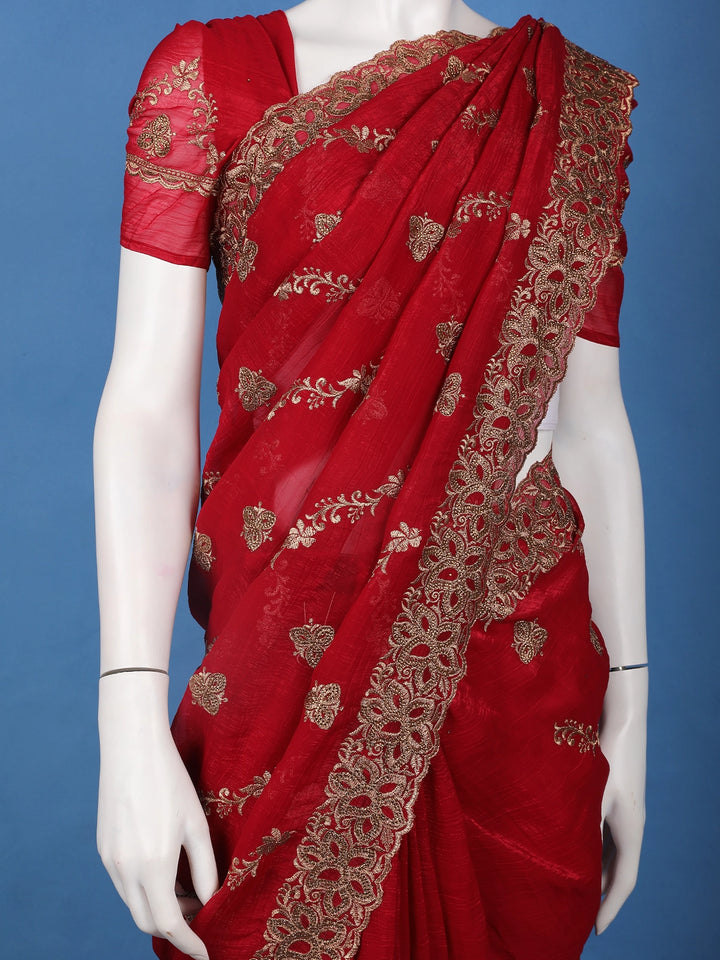 Deep Maroon Floral Embroidered Chiffon Saree - Diadem