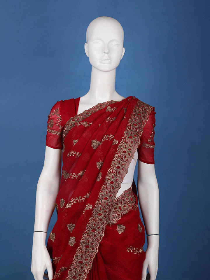 Deep Maroon Floral Embroidered Chiffon Saree - Diadem