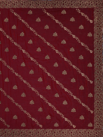 Deep Maroon Floral Embroidered Chiffon Saree - Diadem