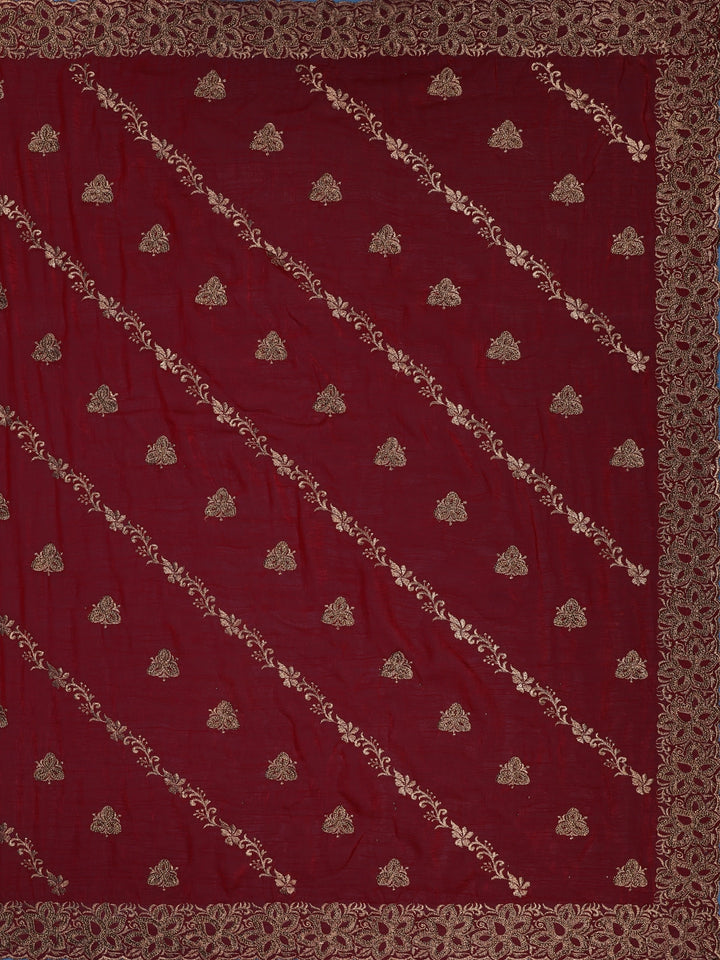 Deep Maroon Floral Embroidered Chiffon Saree - Diadem