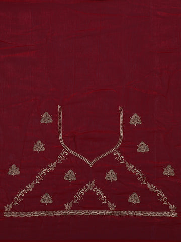 Deep Maroon Floral Embroidered Chiffon Saree - Diadem