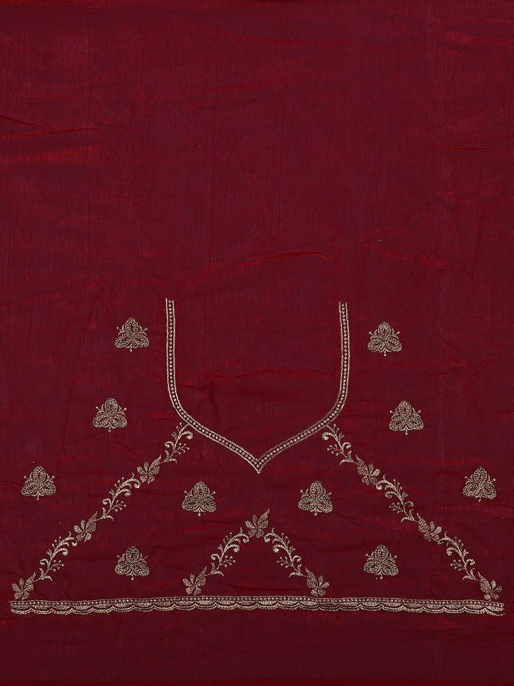 Deep Maroon Floral Embroidered Chiffon Saree - Diadem