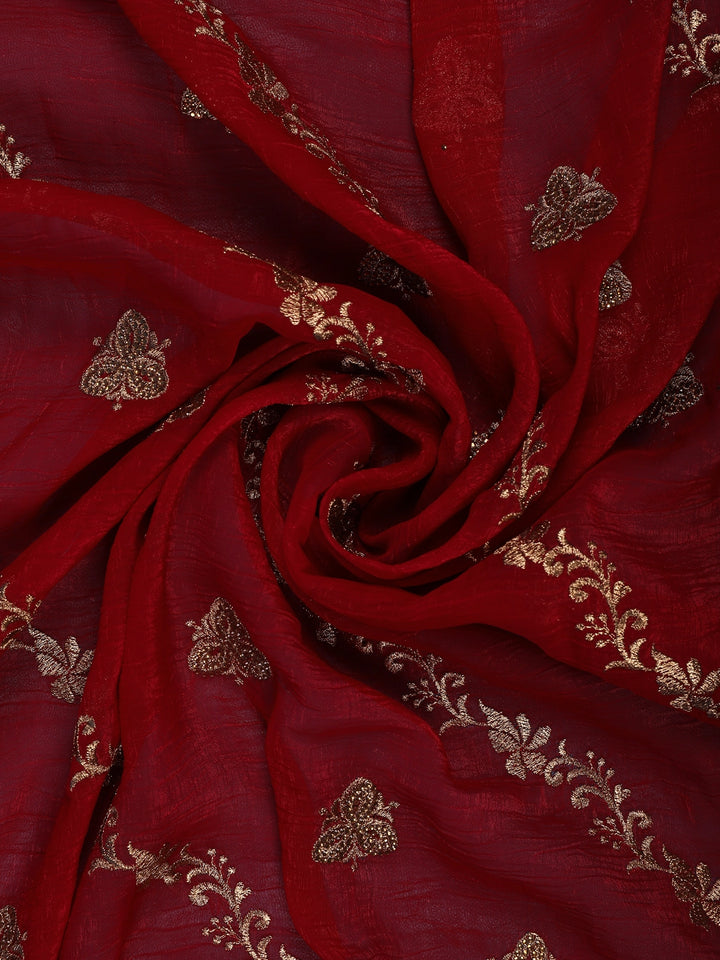 Deep Maroon Floral Embroidered Chiffon Saree - Diadem